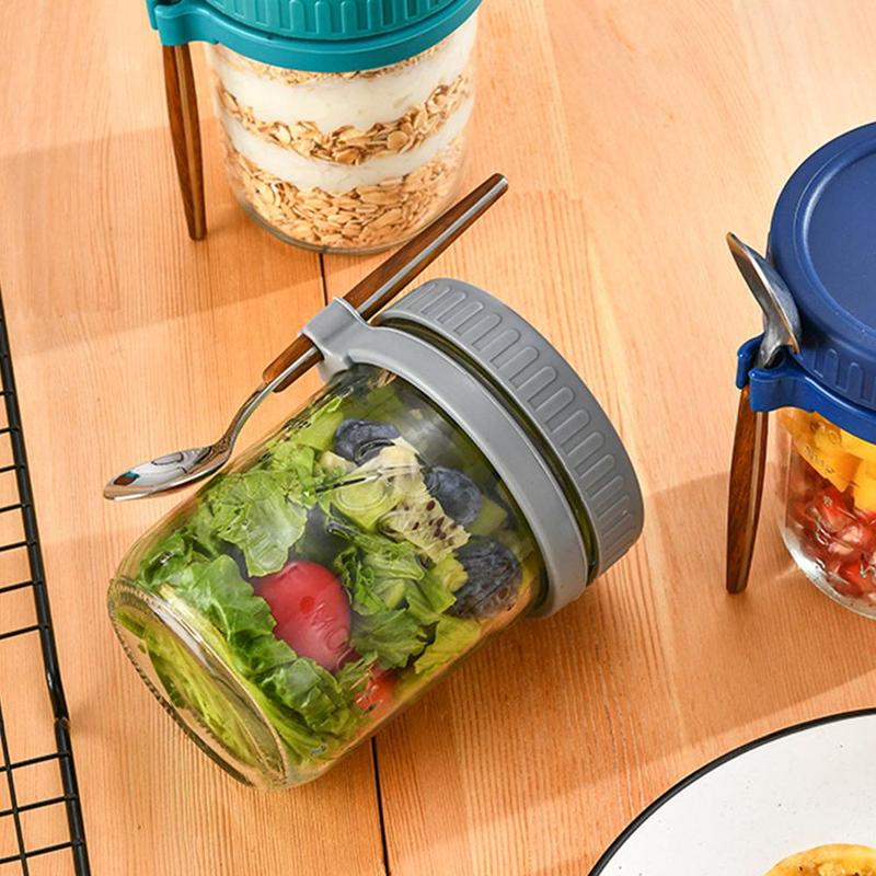 Portable Overnight Oats Jar With Lid 350ml Glass Mason Jar Oatmeal Container With Measurement Mark For Cereal, 1 Count Milk, Vegetable And Fruit Salad 3