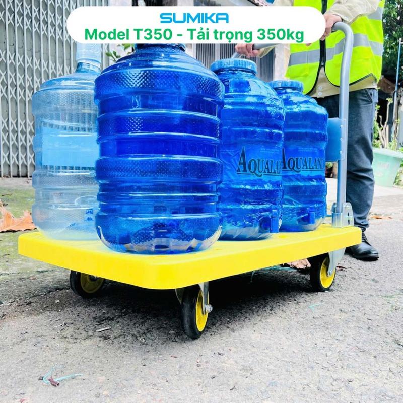 Xe đẩy hàng sàn nhựa PP SUMIKA T350, tải trọng 350kg, màu vàng, bánh xe nhựa PU đàn hồi 9