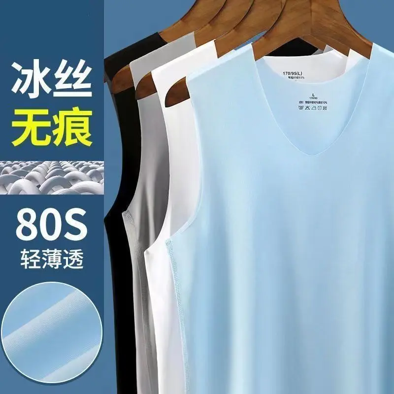Áo Vest Lụa Lạnh Không Đường May, Dành Cho Nam Giới, Có Thể Mặc Bên Trong Mùa Hè, Thích Hợp Cho Thể Thao Cơ Sở, Không Tay, Áo Lót Trắng, Thời Trang, Mỏng, Cỡ Lớn 8