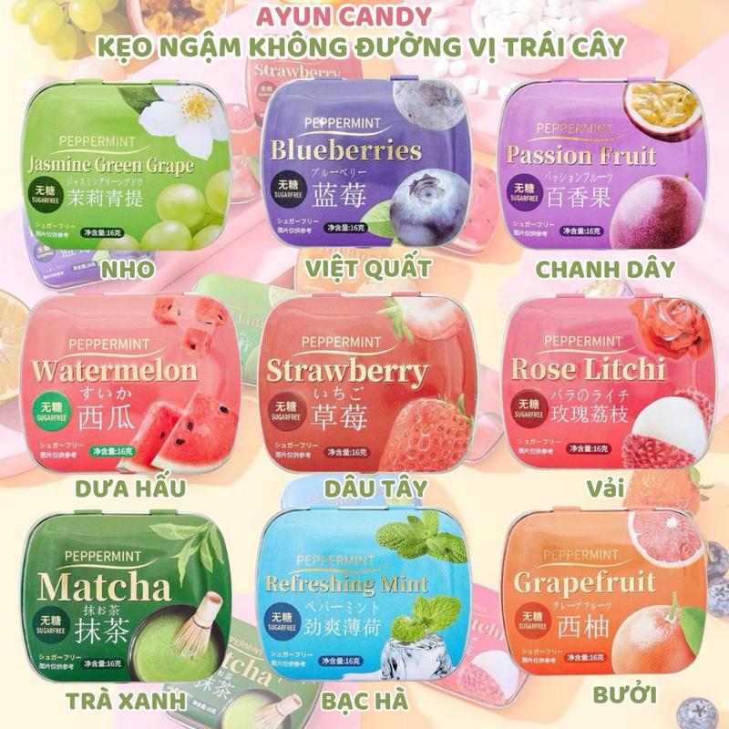 12 VỊ TRÁI CÂY Kẹo Ngậm Bạc Hà Không Đường Hương Trái Cây Hộp Sắt Kẹo Ngậm Trái Cây 12 Vị