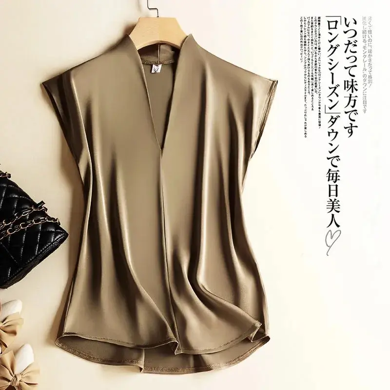 Áo Chui Đầu Cổ Chữ V, Chất Liệu Rayon Lụa Cà Phê, Không Tay, Phong Cách Thường Ngày Và Sang Trọng, Dành Cho Nữ, Áo Sơ Mi Áo Cánh, Thời Trang Hàn Quốc, Quần Áo Nữ, Mùa Hè 2024 Top Women