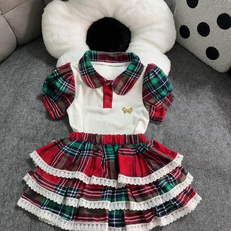 Bộ chân váy kẻ sọc đỏ xanh phối ren + áo trụ cho bé gái