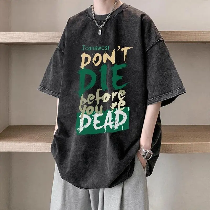 ANDREA cotton nguyên chất mùa hè 2024 phong cách mới giặt đau khổ đa năng thời trang phong cách Hàn Quốc hợp thời trang rộng rãi cho nam nữ áo thun ngắn tay in hình học sinh cao cấp