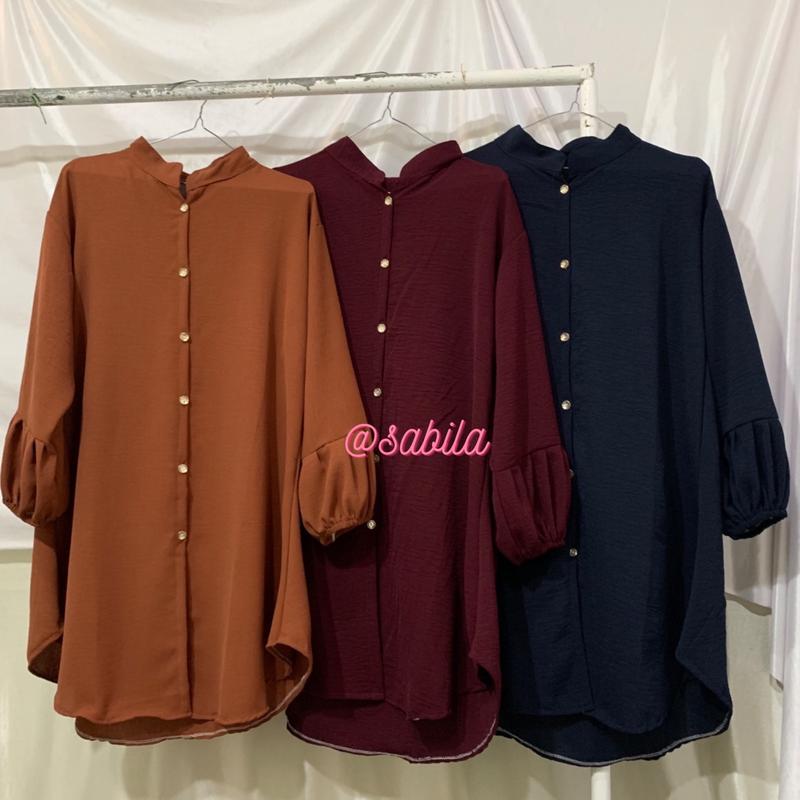ADELA Kemeja Tunik Crinkle Airflow by Sabilakiyowo Muslim Nyaman Panjang Atasan Kancing 1