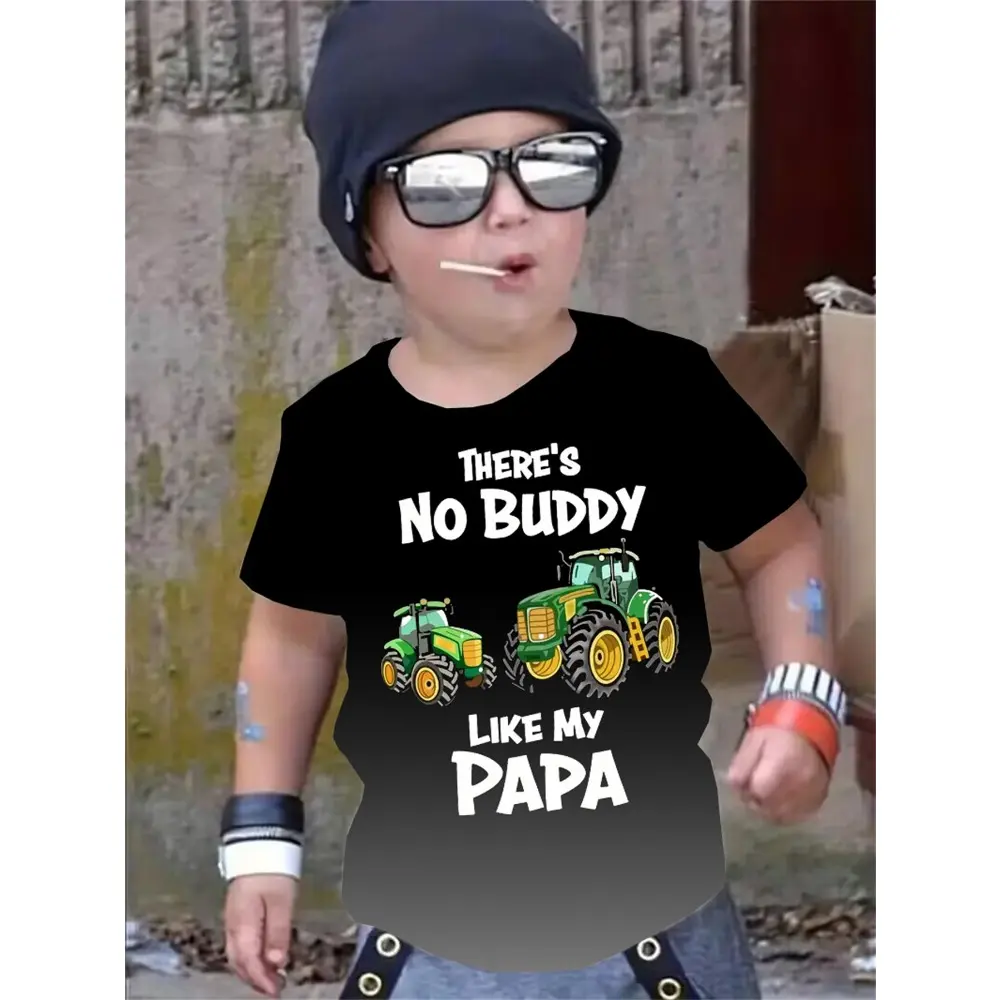 1pc Kids Summer Fashion T-Shirt, 100% Polyester Crew Neck with Slight Stretch, Alphabet Pattern "There'S No Buddy Like My Papa" - Black Short Sleeve Top for Boys