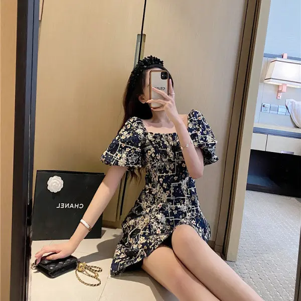 Summer French floral dress, women's wear, Temperament Retro Square Neck Puffed Sleeves Skirt, Casual Fashion Fitted Versatile