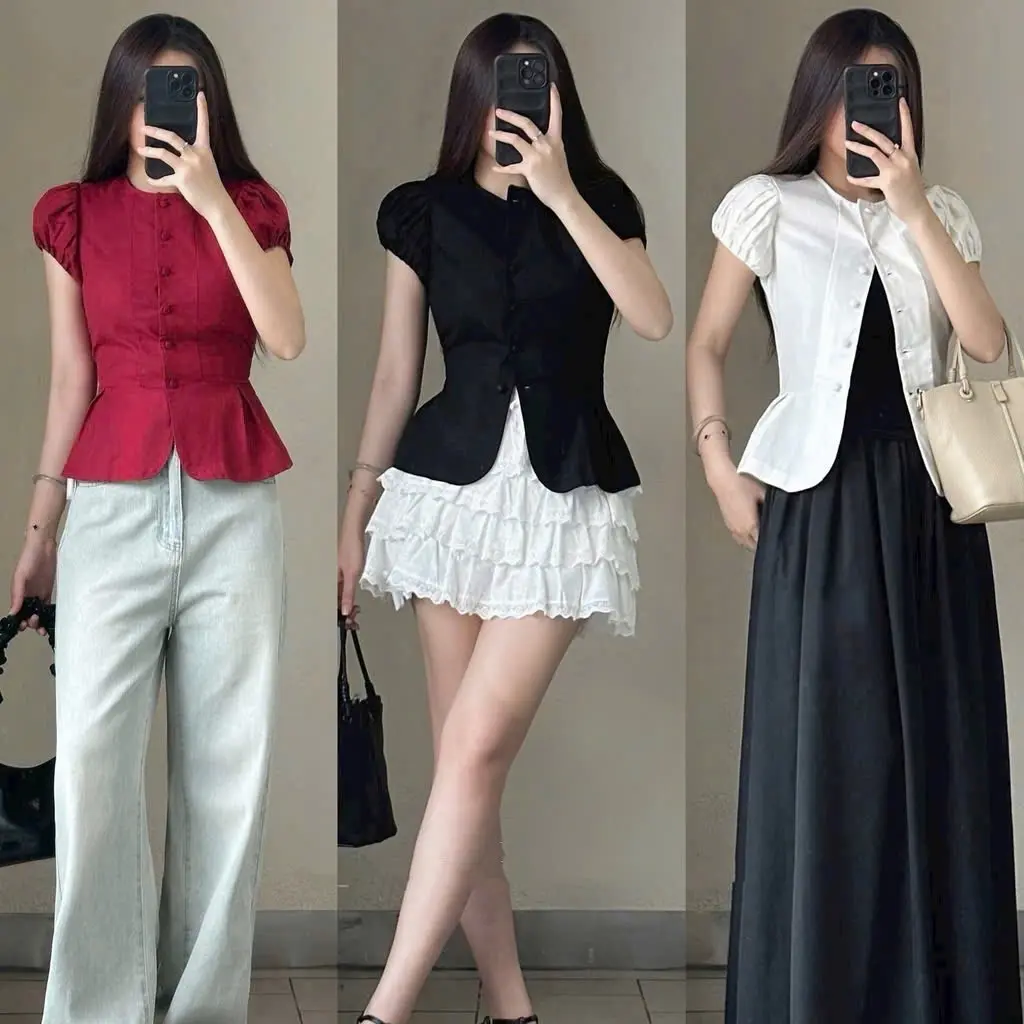 ( Sam’s Clothing )  Top Áo nữ linen nút bọc xếp li tay xinh xắn Women