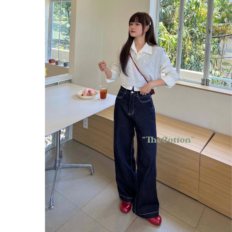 Quần Jeans Nữ Ống Suông Rộng Trơn Basic Chỉ Nổi Không Phai Mềm Mịn TheCotton Quần Bò Xanh Chì Đậm 1
