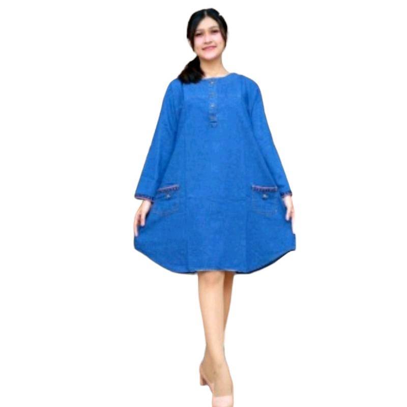 Baju Dress Jeans Casual Wanita Jumbo Motif Polos Bordir Kancing Midi Panjang Pesta Dewasa Atasan Hitam Navy Terusan 2