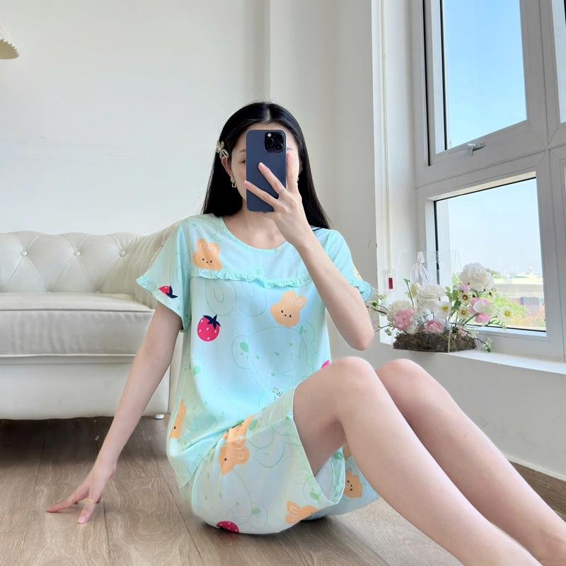 Bộ tole lanh quần lửng áo có tay phối bèo xinh xắn Nữ mặc nhà Women 8