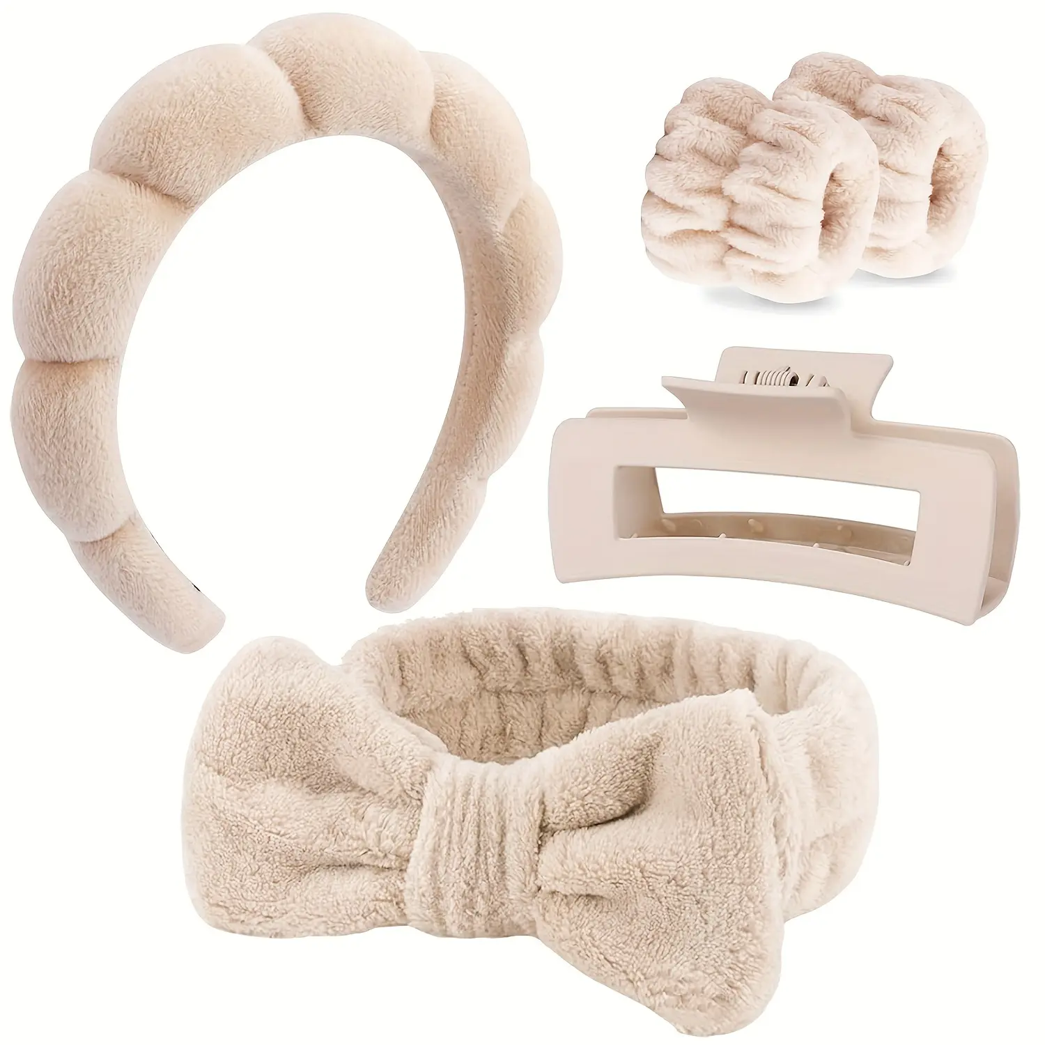 5pcs Spa Headband & Wristband Set with Hair Claw - Soft, No-Slip Makeup & Skincare Accessories for Women - Includes 4 Colors, Neutral & Maillard Shades