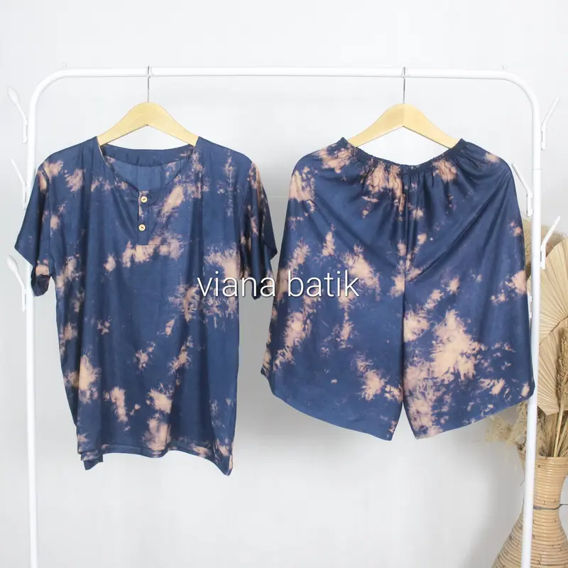 Setelan Baju Tidur Wanita Piyama Celana Pendek Motif Tie Dye Asap Bahan Rayon 1