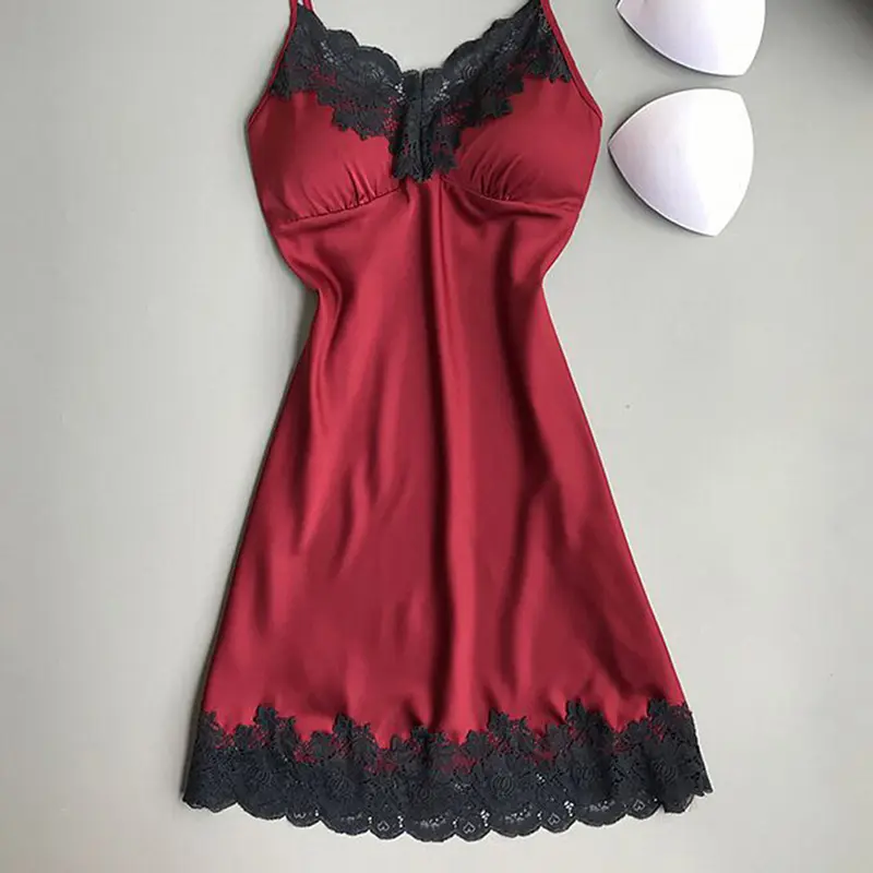 Women's Lingerie Summer Silk Night Gown Lace Patchwork Mini Night Dress Spaghetti Strap NO Chest Pad Sleepwear