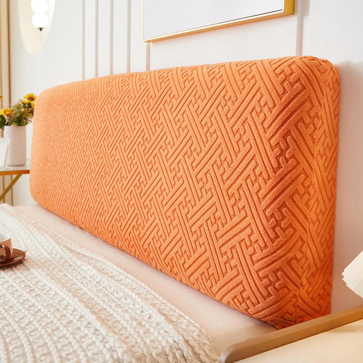 Stereo Jacquard Bed Backrest Cover Length 150cm/180cm/200cm Solid Color Soft Elastic All-inclusive Bed Headboard Dust Cover