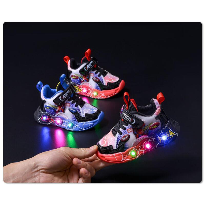 Product Introduction of 2024 Spring Autumn Lights New Children's Leather Spider Man LED Induction Light Boys' Sports and Casual Shoes 1