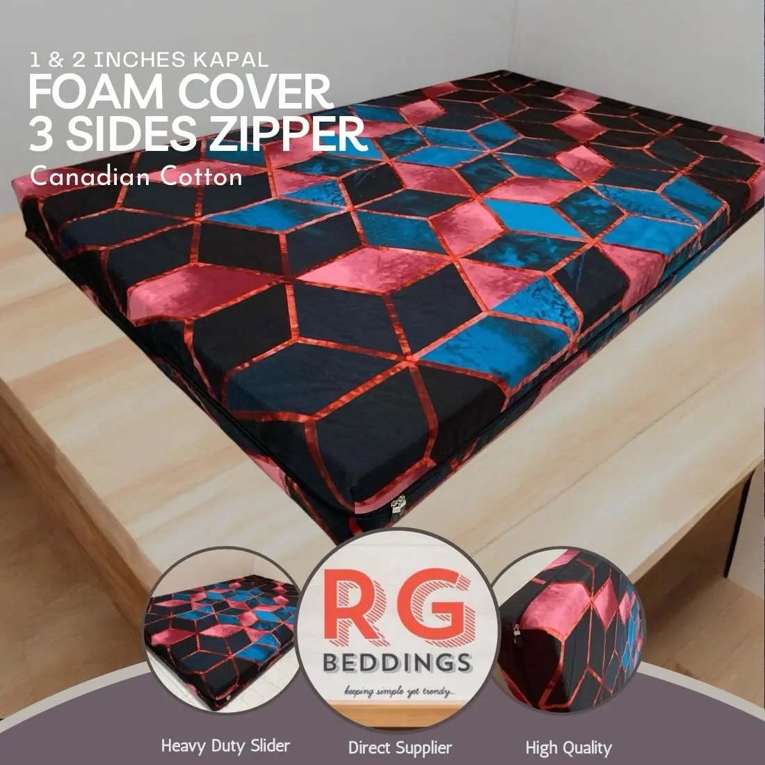1 & 2 inches thick FULL FOAM COVER WITH 3 SIDES ZIPPER CANADIAN COTTON Breathable
