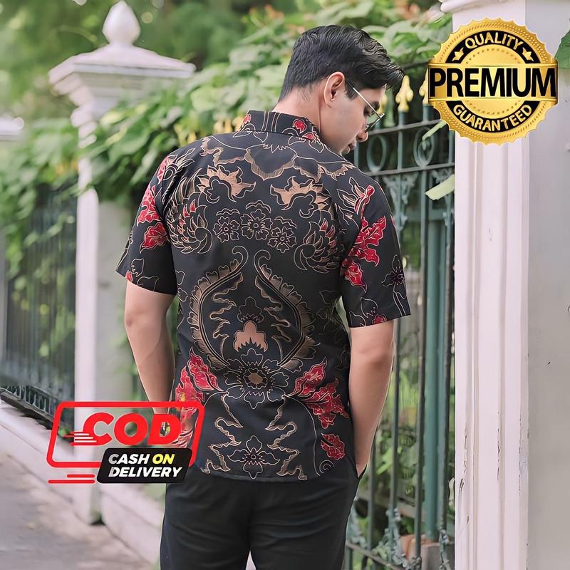 Batik solo modern hem lengan pendek lapis furing kekinian Baju Pria Kain Katun Slim Fit Motif Sultan original red 2