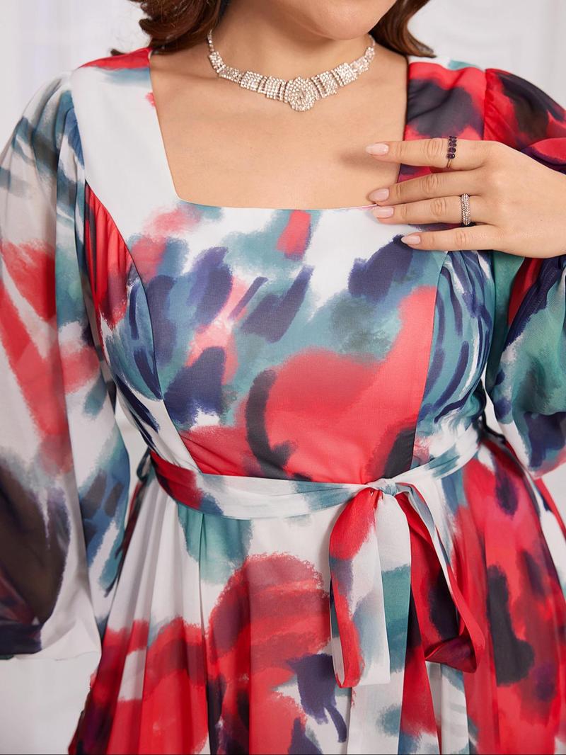 Product Introduction of 【Plus Size】 All Over Print Chiffon Dress, Elegant Evening Party Gown, Women's Clothes for Spring & Fall, Womenswear 4