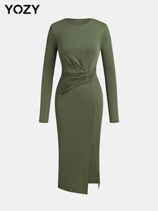YOZY Women's Plain Ruched Split Thigh Bodycon Dress, Solid Long Sleeve Round Neck Midi Dress for Spring & Fall, Women's Clothing for Daily Wear