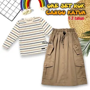 DeStyle - Setelan Rok Cargo Katun Anak Perempuan / One Set Kaos Stripe Belang Anak Usia 1-12 Tahun Kekinian
