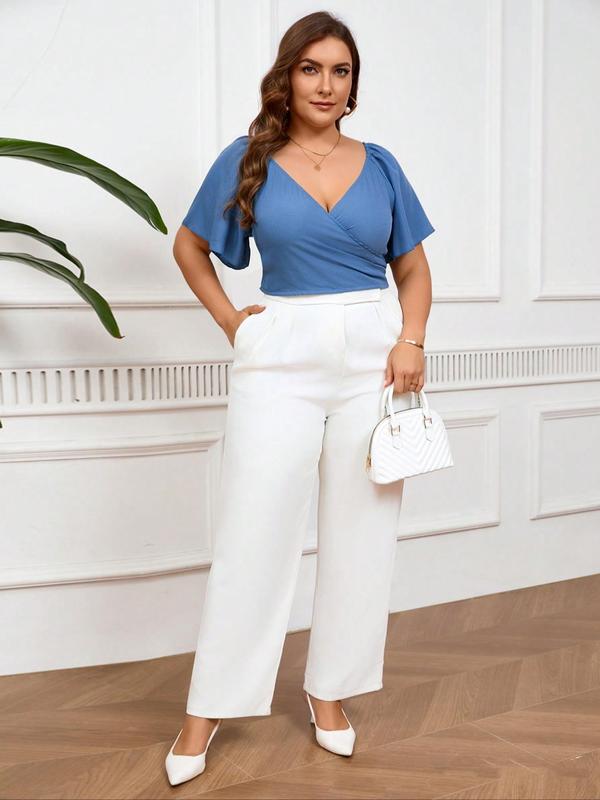 【Plus Size】 Solid Color V Neck Blouse, Casual Short Sleeve Top for Summer, Women's Clothes for Daily Wear 8