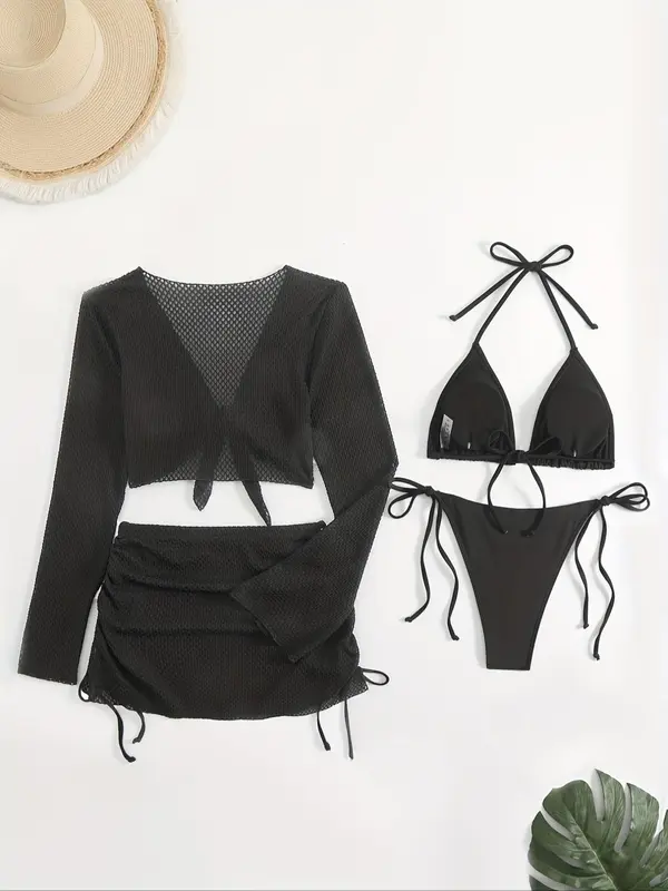 Women's Solid Cover Up Top & Tie Side Swim Panty & Cover Up Skirt & Swim Bra Set, Casual Fashion Swimwear Set for Beach Holiday Vacation, Ladies Swimsuit for All Seasons, Bikinis Sets 5