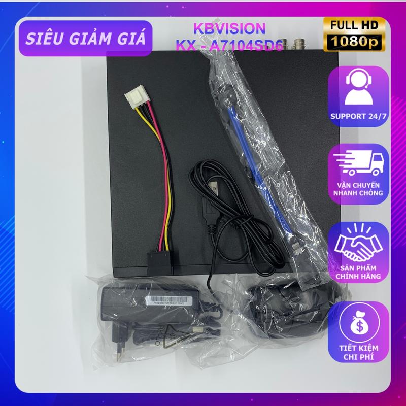 Đầu ghi hình Camera Analog 4 cổng nhãn hiệu KBVISION. KX-A7104SD6, hỗ trợ các Camera fullHD 1080p chuẩn HDTVI và cũ hơn 5