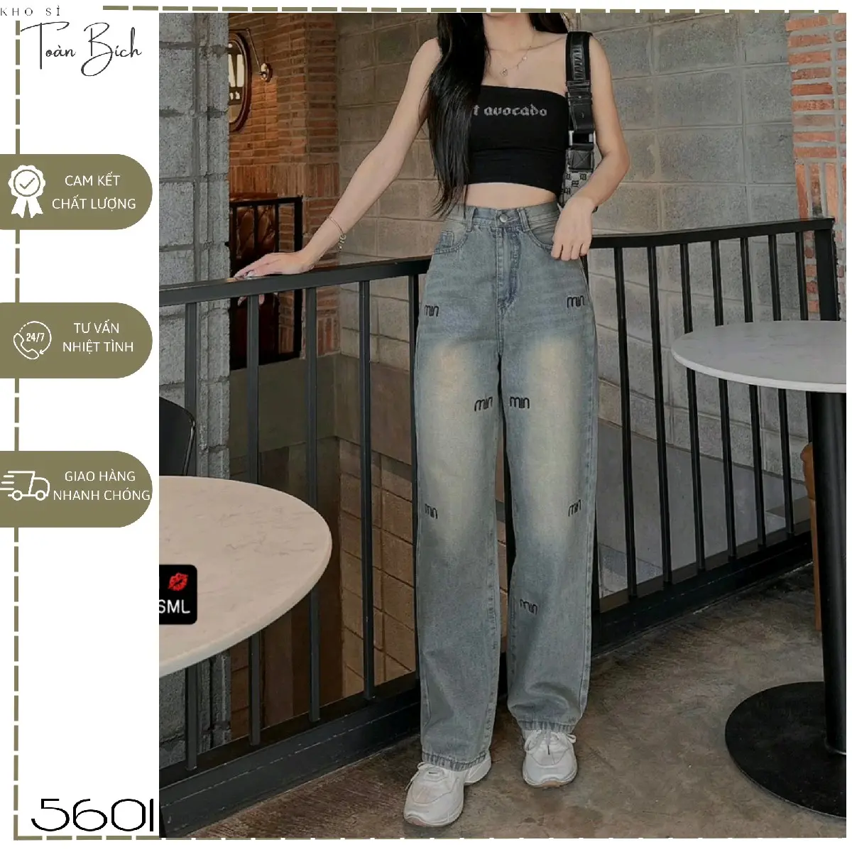 Quần jean nữ ống suông thêu min màu xanh dơ - 5601 -  Women