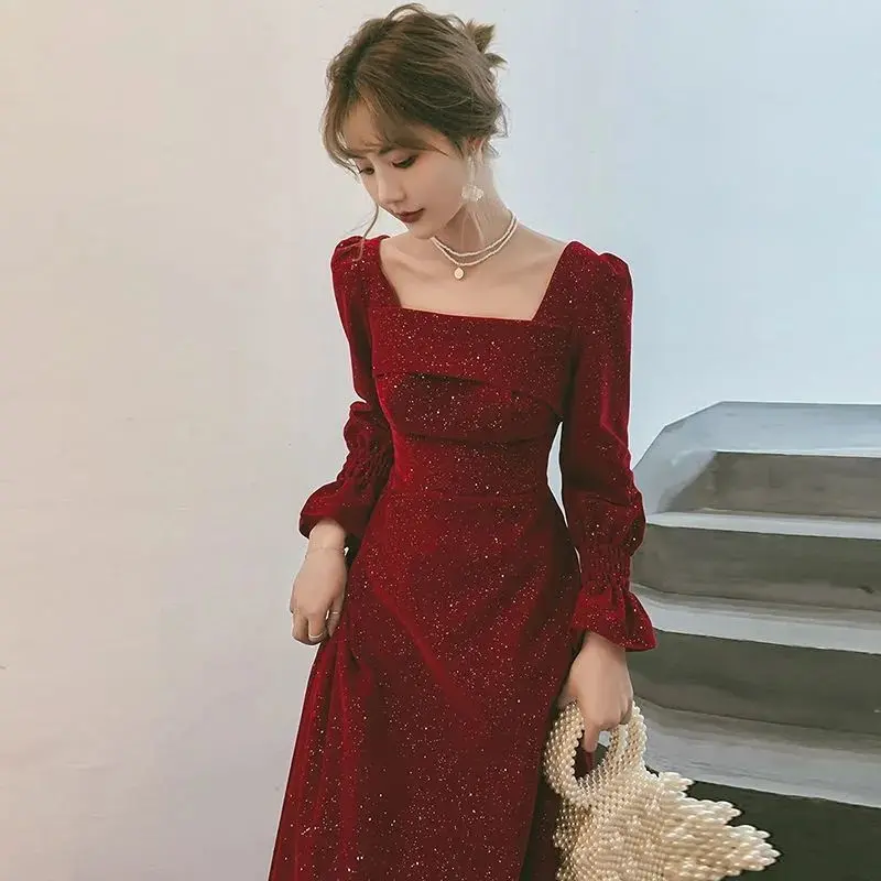 Autumn and Winter New Dinner Suit Long Elegant Graceful Square Collar Wine Red Dress Waist Slimming Daily Style Formal Womenswear