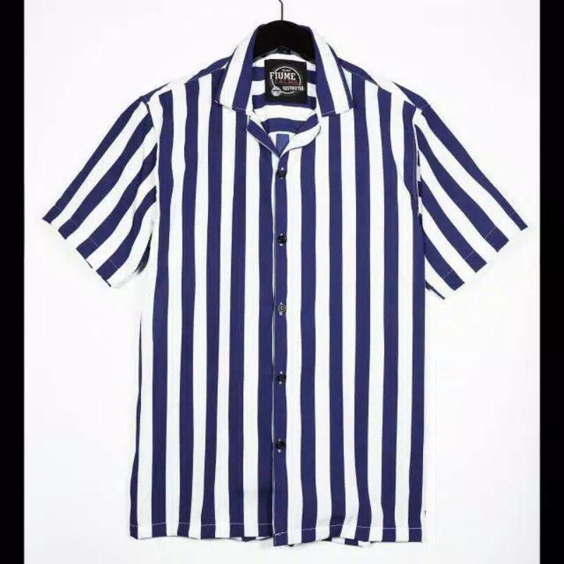 Kemeja Pria Salur Lengan Pendek Kemeja Strip Cowok Motif Setrip Kemeja Cowok Terbaru Santai Setrip V-Neck Slim-fitting Setrip Hem Kerah Panjang Hitam 6