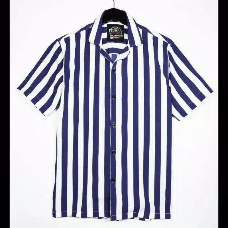 Kemeja Pria Salur Lengan Pendek Kemeja Strip Cowok Motif Setrip Kemeja Cowok Terbaru Santai Setrip V-Neck Slim-fitting Setrip Hem Kerah Panjang Hitam 6