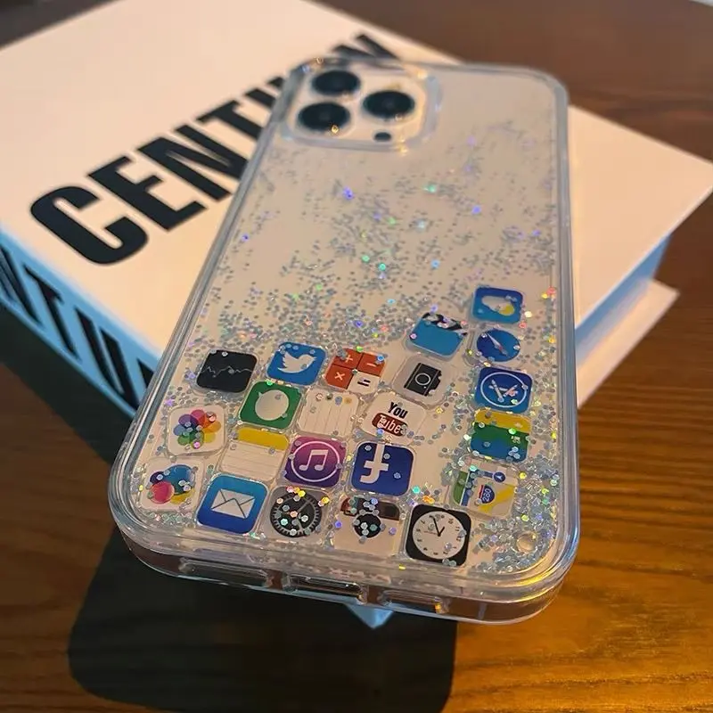 Ứng dụng cát lún lấp lánh cho 15promax, Ốp Điện Thoại lỏng, Apple 14/13/12 , trong suốt, 11, Đơn giản, Xs, cứng, 8