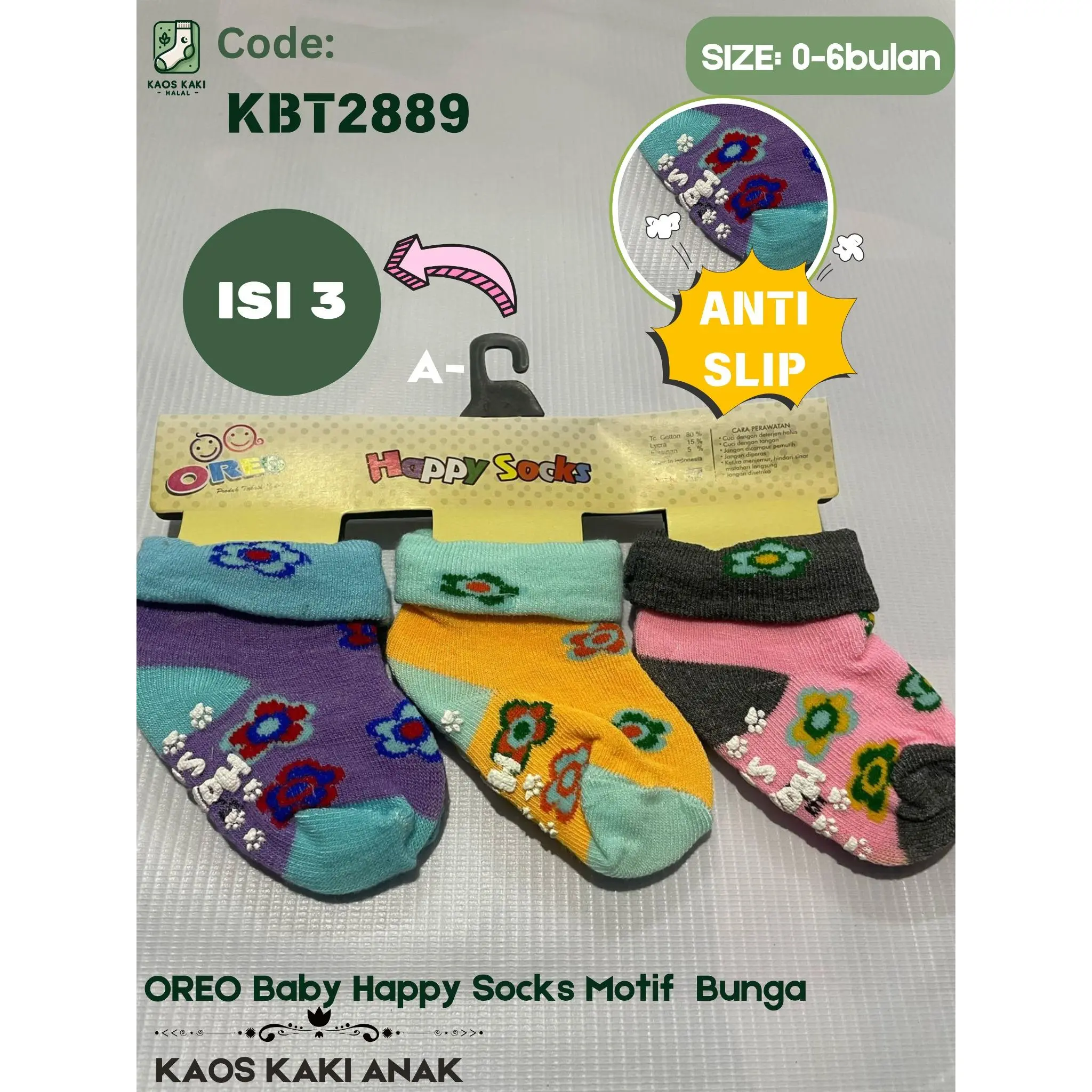 Kaos Kaki Baby 3in1 Paket Isi 3pcs Kaos Kaki Anti Slip Motif Lucu | Oreo Socks | Kos Kaki