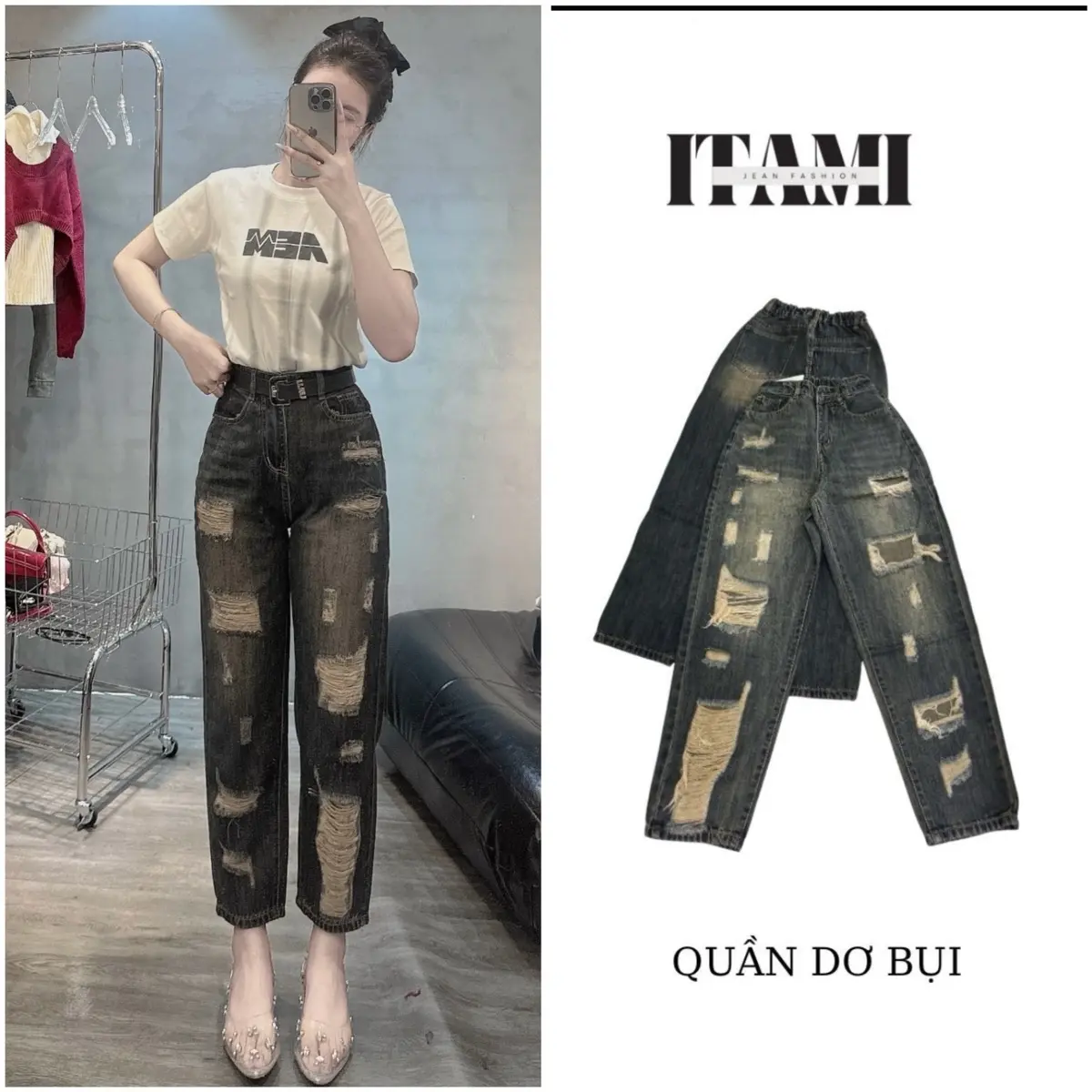 {600}QUẦN BAGGY LƯNG CHUN  HÀNG QC RÁCH NHIỀU ,CHẤT DÀY MỀM CÁ TÍNH ,-WOMEN-FASHION
