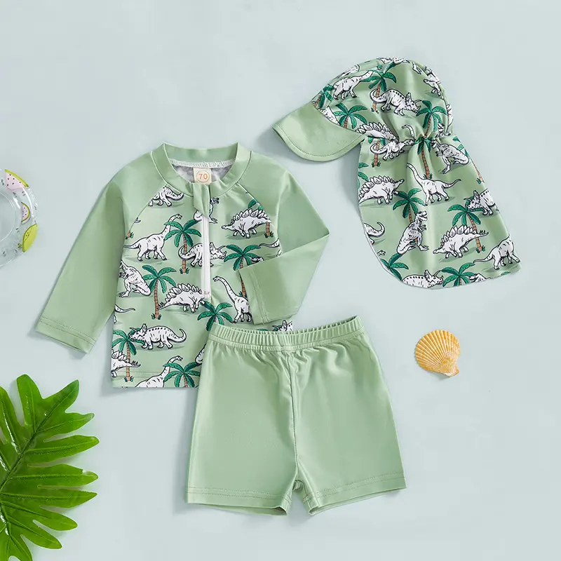 Kid Boys Rash Guard Swimsuit Set Dinosaur/Coconut Tree Print Long Sleeve Tops with Shorts + Swim Hat