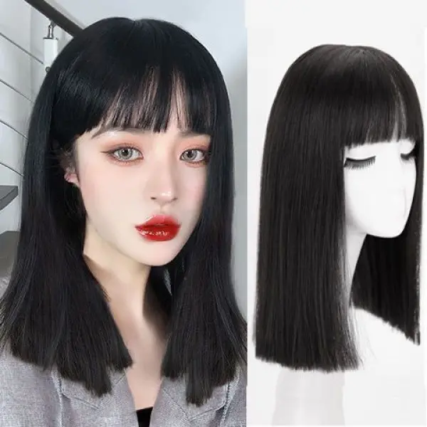 Women's Long Straight Hair Wig Straight Hair Air Bangs Mid-Length Cut Natural Short Hair Full-Head Wig Straight Bangs Straight Hair