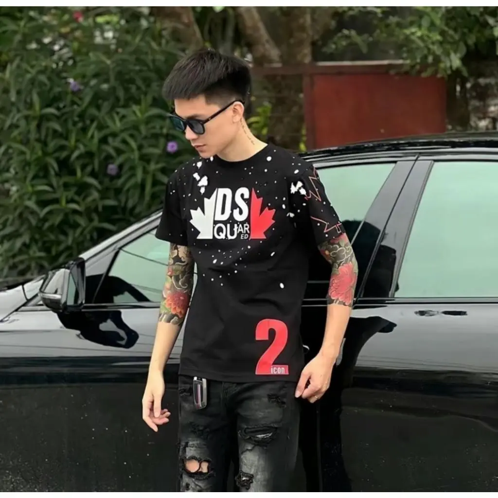 Áo Thun DSQ Vẩy Sơn 2 Màu Đen Trắng Chất Liệu Cotton Hotrend Mùa Hè 2024