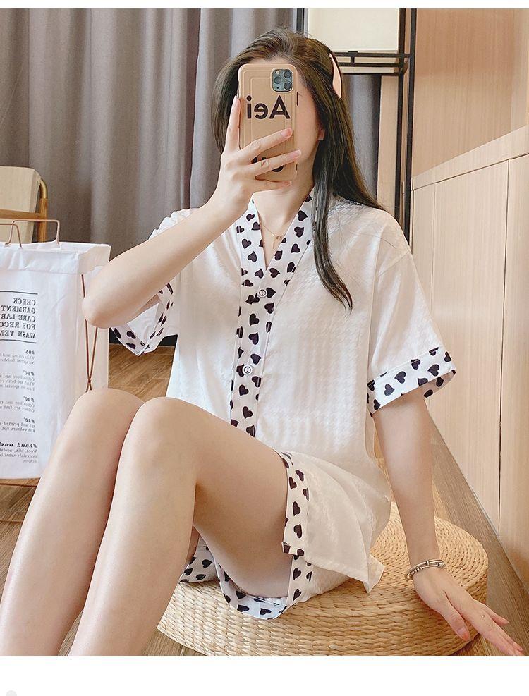 Product Introduction of Women's Pajamas 2022 New Summer Thin Ice Silk Cardigan Camellia Set Short Sleeve Cartoon Princess Style Loungewear 22