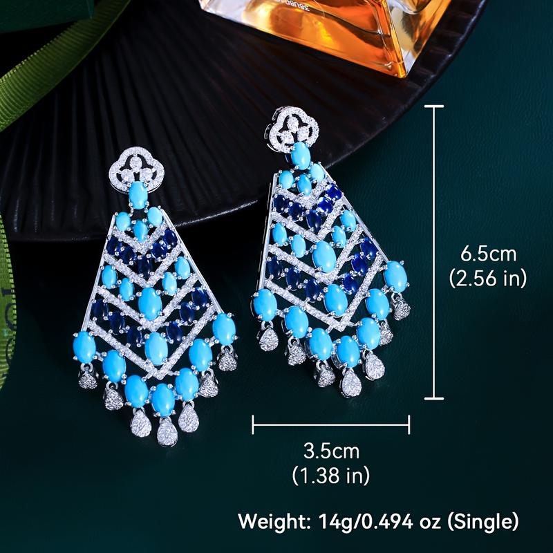 Middle Eastern Luxurious Synthetic Turquoise and Synthetic Zircon Long Tassel Earrings for Women Ethnic Bohemian Bride Wedding Party Jewelry 5