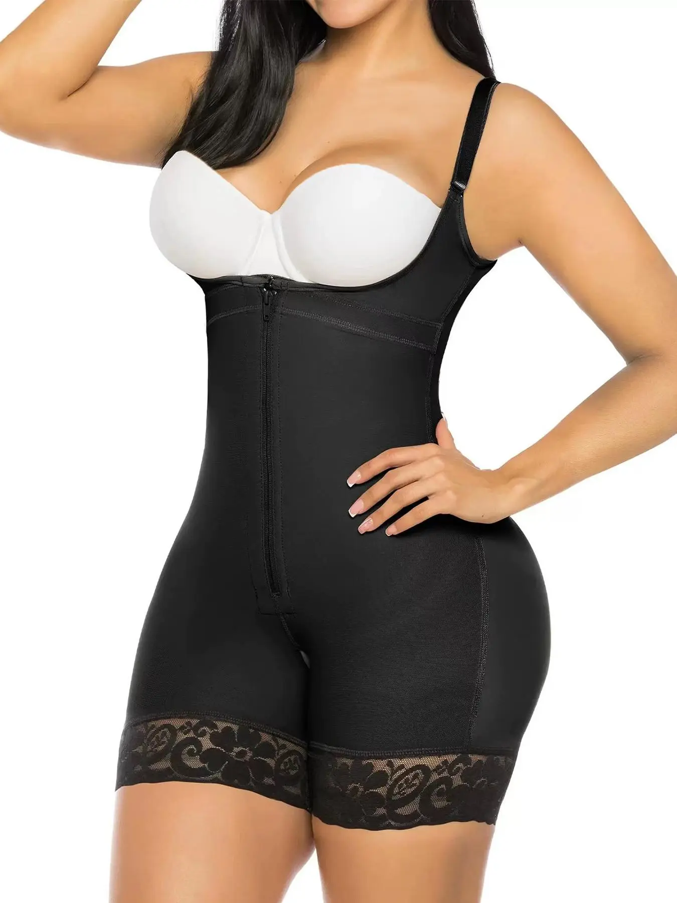Women's Adjustable Strap Lace Trim Zip Front Shapewear Romper, High Stretch Open Bust Shapewear Bodysuit, Waistband, Tummy Control Butt Lifting Shaper for Ladies
