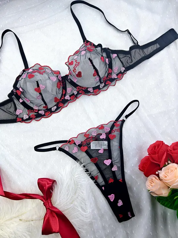 Women's Heart Embroidery Bra & Thong Two-piece Set, Sexy Comfy Breathable Lingerie Set for Daily Wear, Women's Underwear Set for All Seasons 2