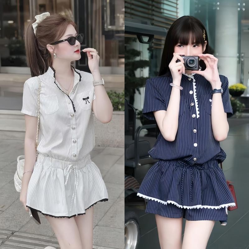 Set đồ nữ kẻ sọc áo chạy viền thêu nơ có túi kèm quần giả váy xinh xắn dành cho các nàng diện đi chơi, đi tiệc Women Top