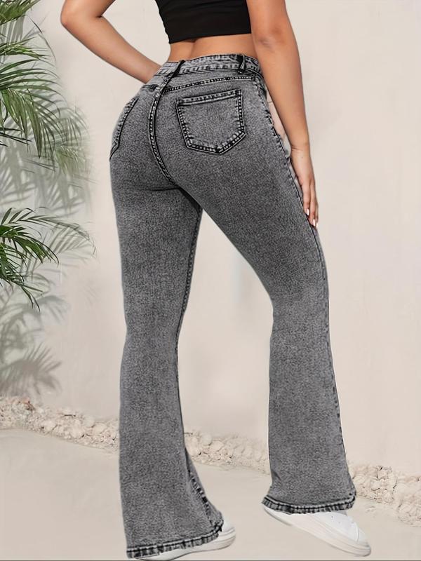 【Plus Size】 Solid Color Button Fly Flare Leg Jeans, Casual Pocket Design Bell Bottom Trousers for Daily Wear, Women's Bottoms for All Seasons 1