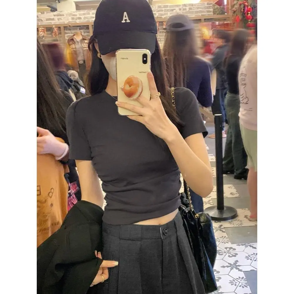 Blue Round Neck Short Sleeve Regular Shoulder T-Shirt Women's Summer 2024 Pleated Tie Waist Slim Fit Short Top