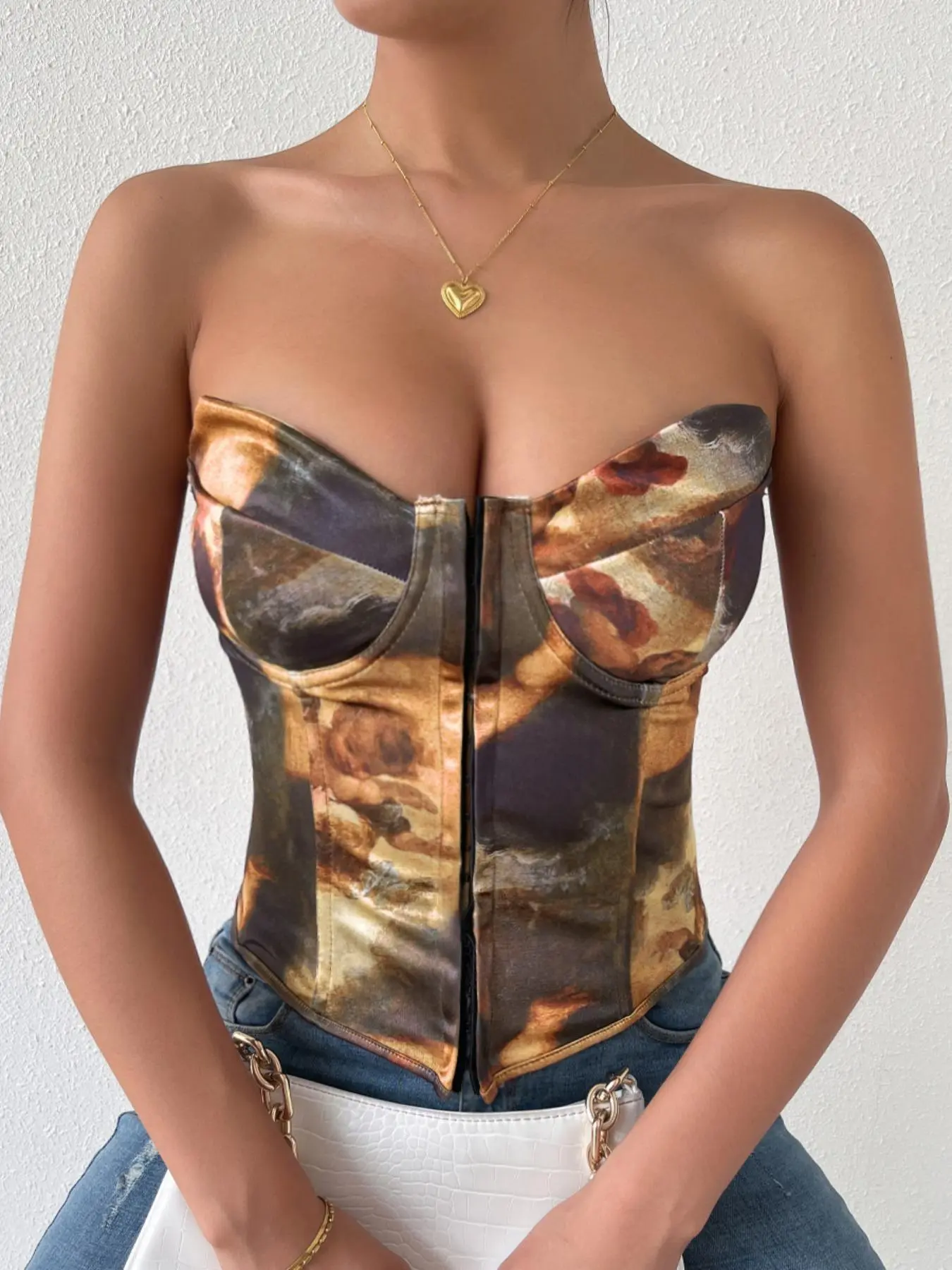 Women's All Over Print Lace Up Crop Corset Tube Top, Elegant Sweetheart Neckline Underwire Tube Top, Summer Clothes Women, Holiday Outfits