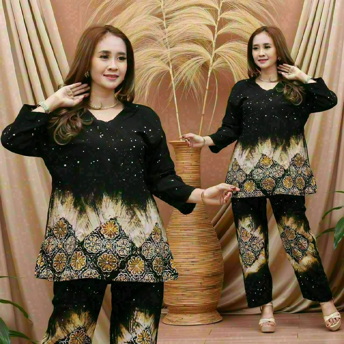 Terbaru motif batik cap setelan celana panjang tali samping busui Bisa Dicuci Dengan Mesin