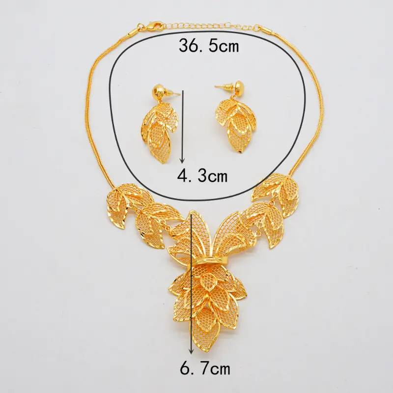 Hot Selling Dubai Luxury 24K Gold Plated Necklace Earrings Two-Piece Set Flower Bridal Wedding Jewelry 3