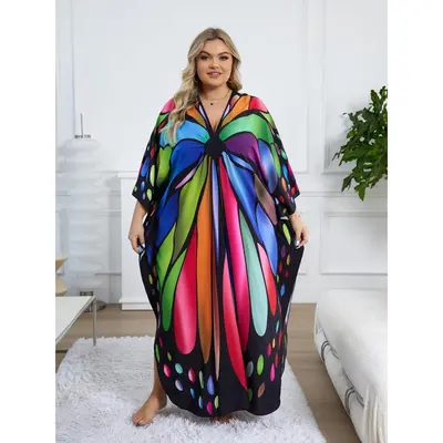 Butterfly Print Beach Casual Tunic Plus Size Maxi Dresses Butterfly Print Beach Casual Tunic Plus Size Maxi Dresses