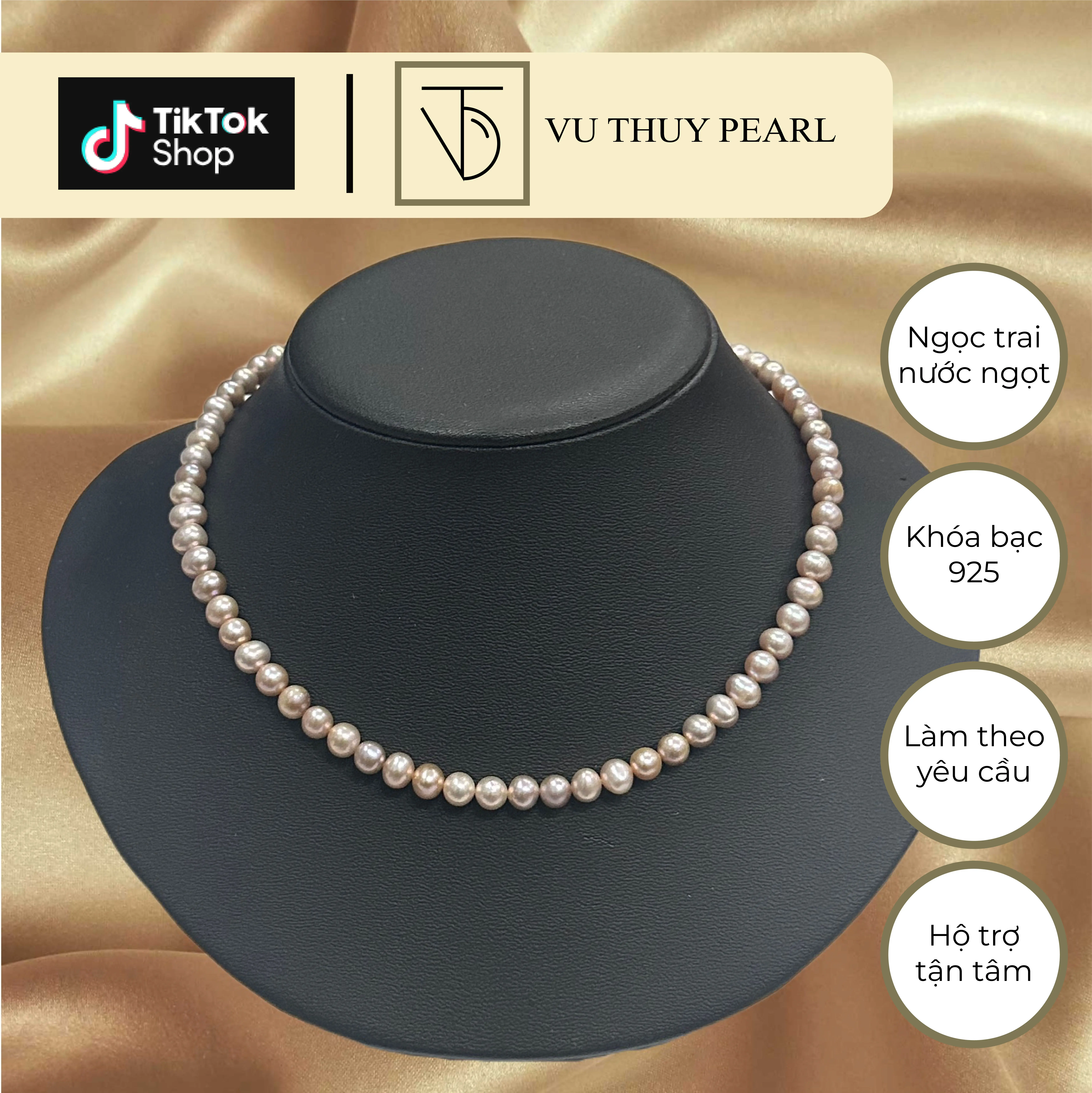Vòng đeo cổ Ngọc trai nước ngọt ánh hồng cam phổ thông - Ngọc trai Vũ Thùy Pearl