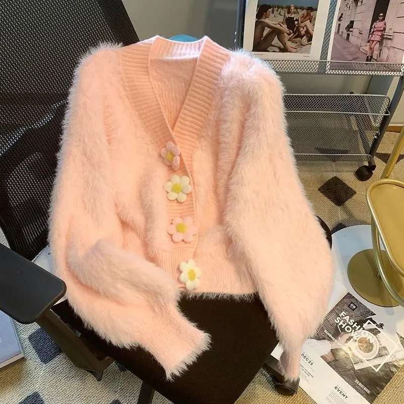 Áo Len Cardigan Dệt Kim Lông Chồn, Thiết Kế Hoa Thanh Lịch, Dáng Rộng Vừa Vặn, Dành Cho Nữ, Phong Cách Ngọt Ngào Và Mềm Mại, Dễ Phối Đồ, Thích Hợp Cho Mùa Thu Và Mùa Đông, Áo Khoác